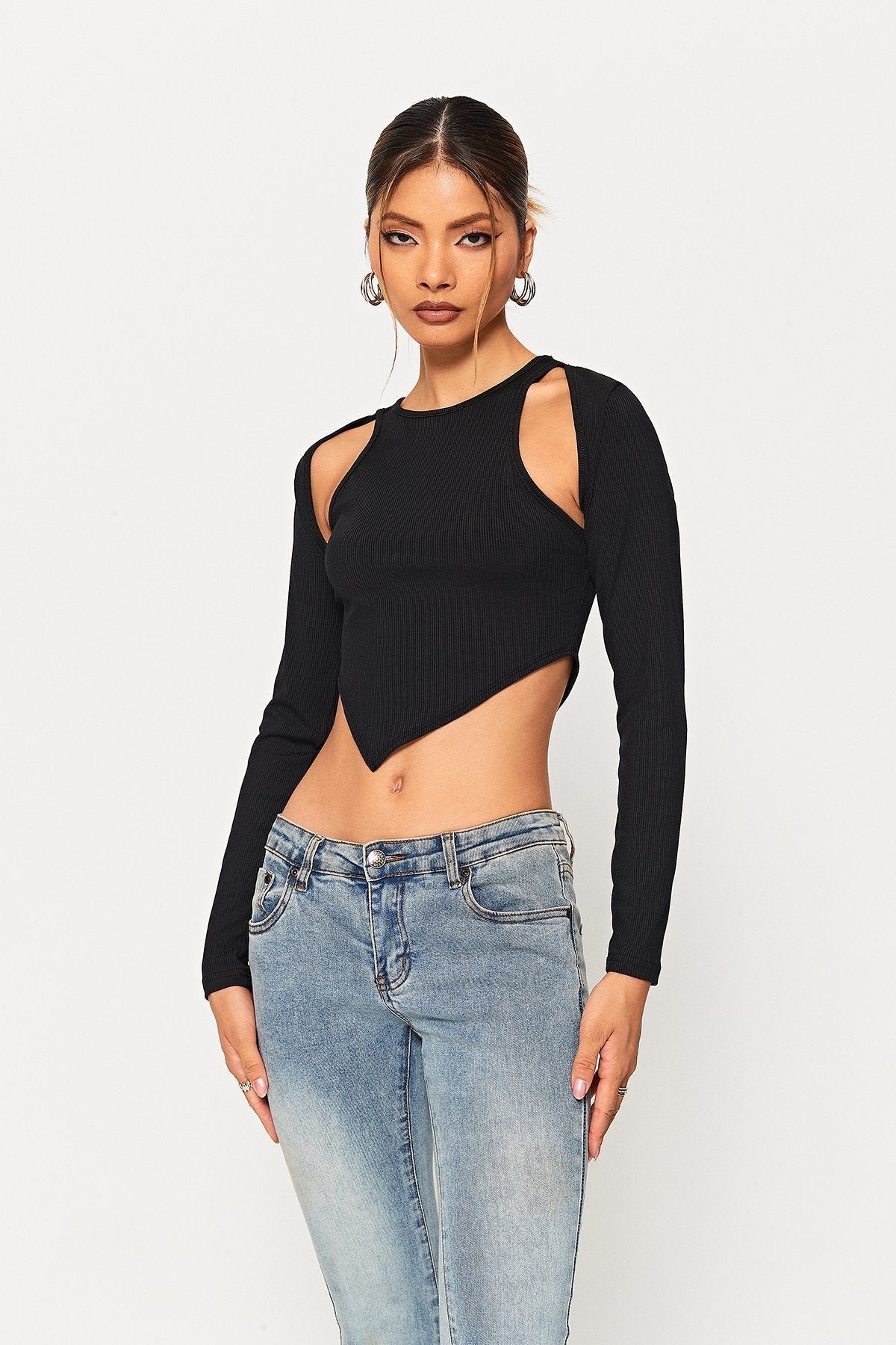 Cut Out Asymmetrical Hem Long Sleeve Top