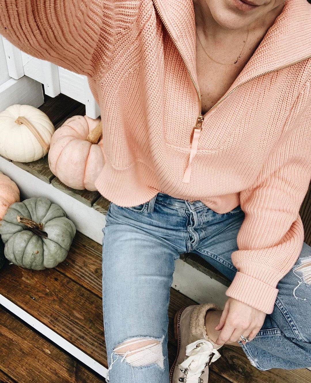 Wide Collar Half Zip Long Sleeve Sweater