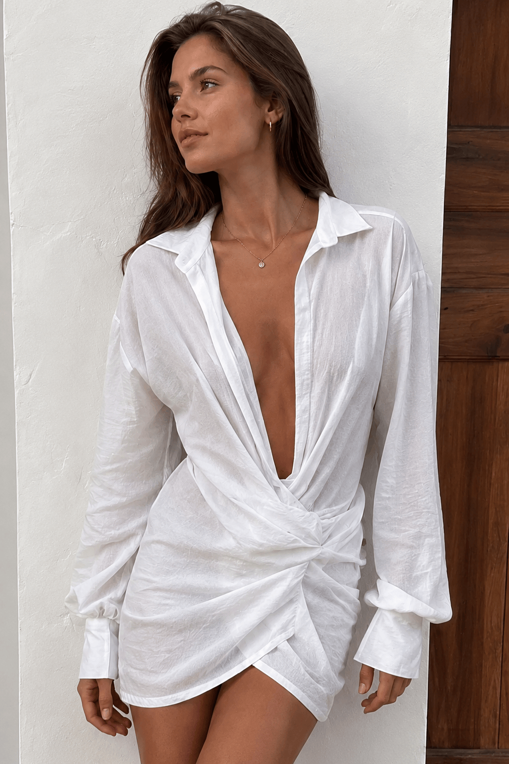 Long Sleeve Shirt Sexy Deep V Linen Mini Dress
