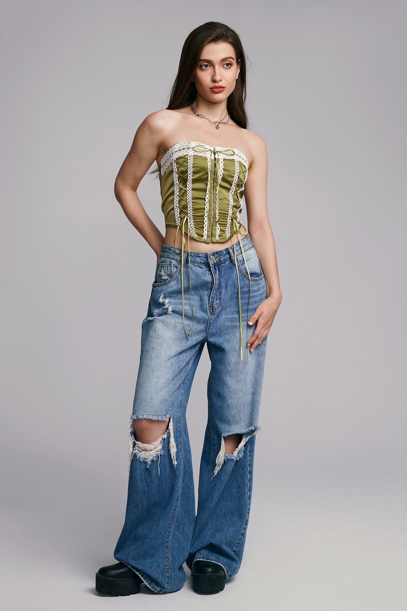 Off Shoulder Lace Up Curved Hem Corset Top