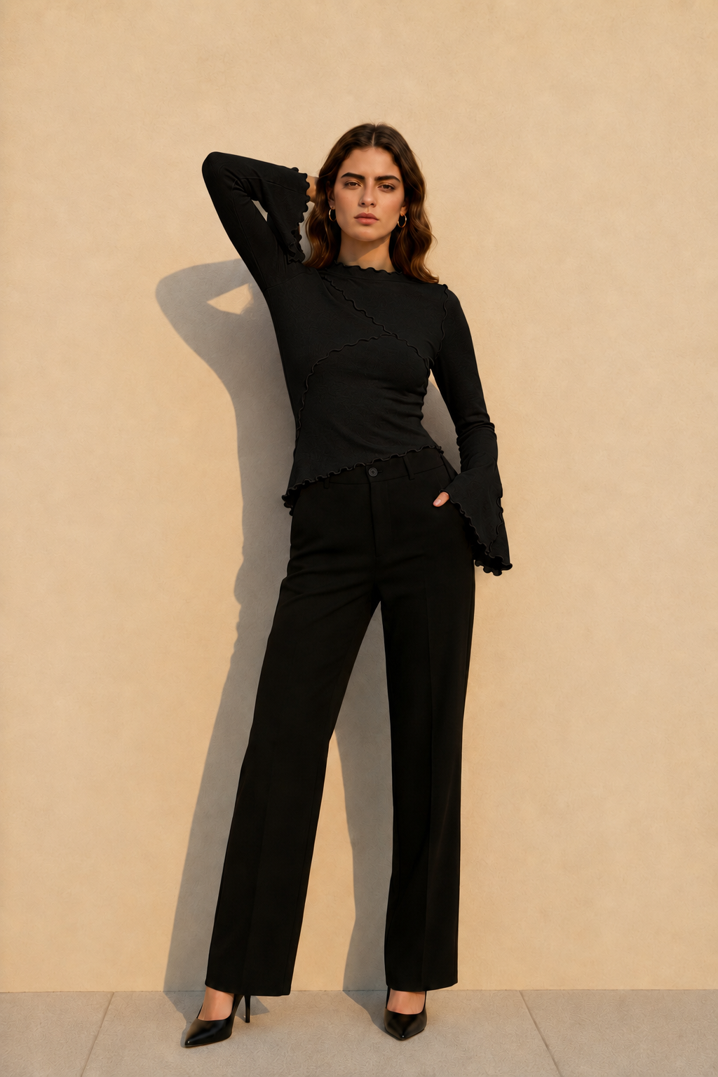 Solid Mock Neck Paneled Ruffled Long Sleeve Tee