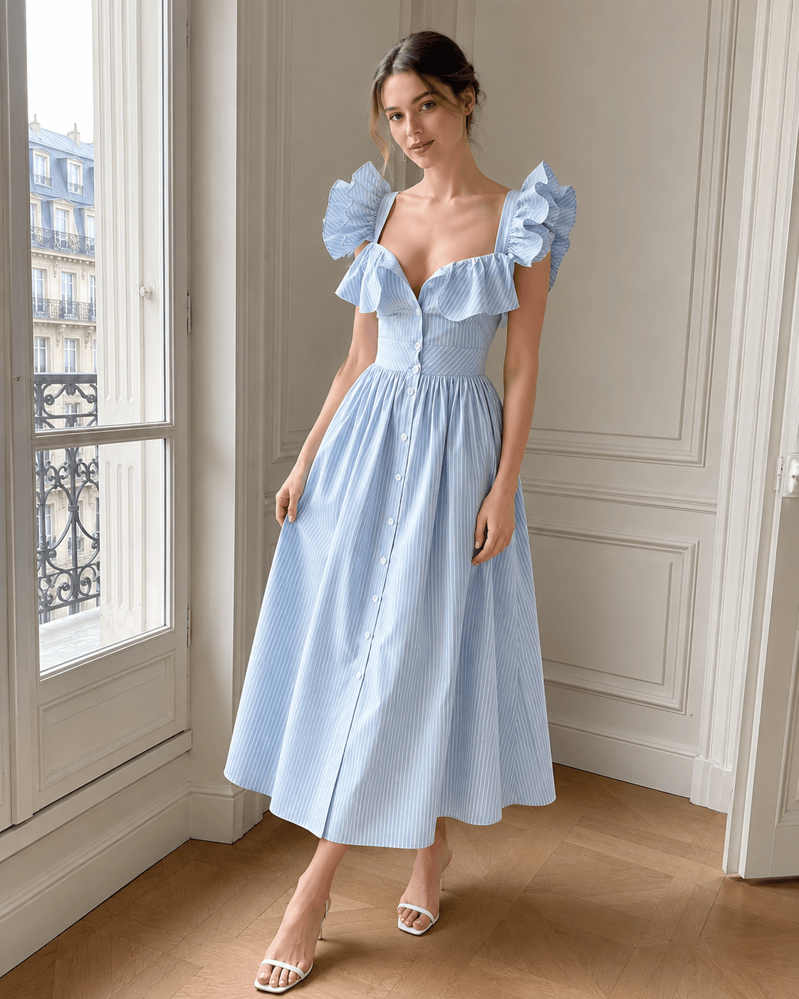 Ruffle Striped Square Collar Midi Dress