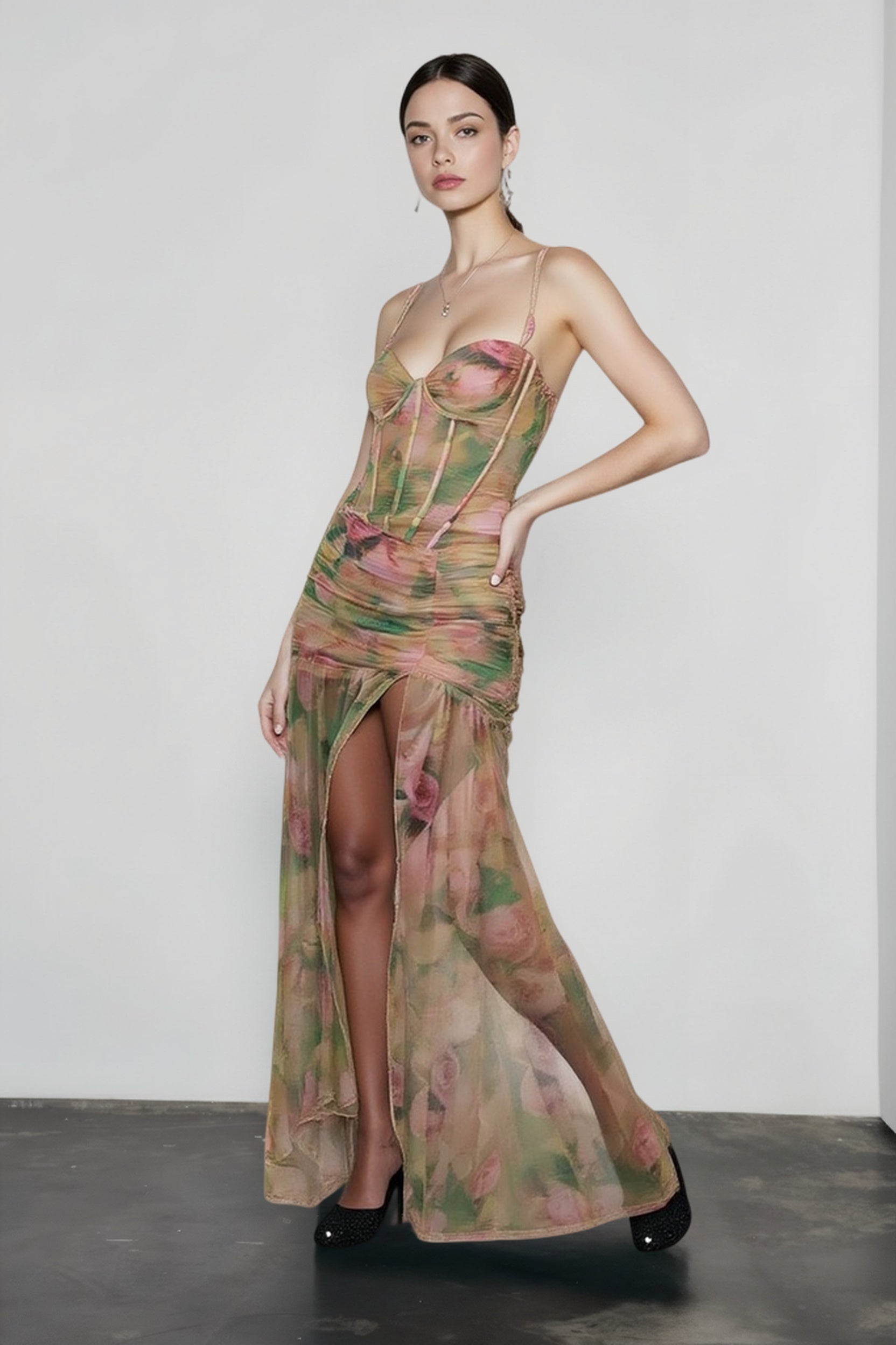 Sexy Print High Waist Slit Cami Vacation Dress