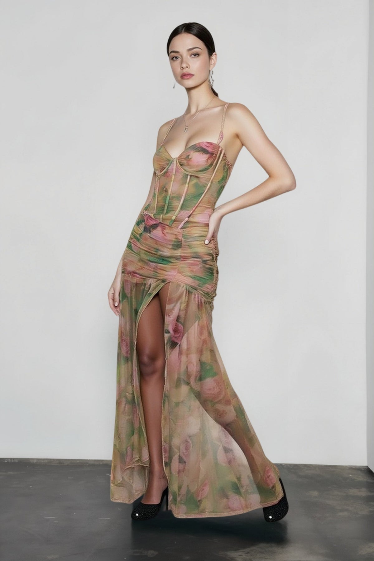 Sexy Print High Waist Slit Cami Vacation Dress