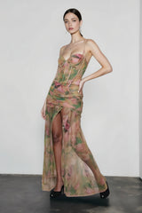 Sexy Print High Waist Slit Cami Vacation Dress