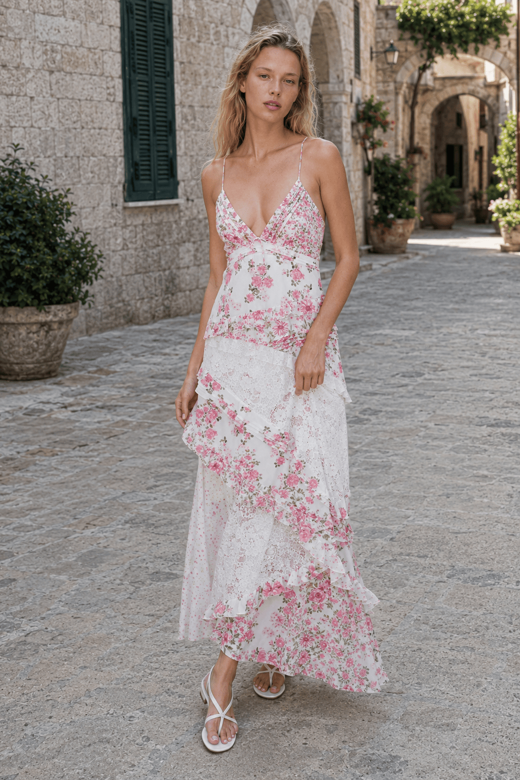 Deep V Ruffle Floral Lace Patchwork Cami Maxi Dress