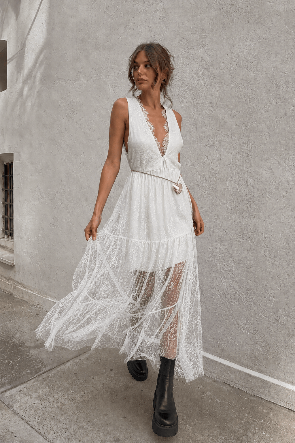 Sexy Solid V Neck Loose Lace Maxi Dress