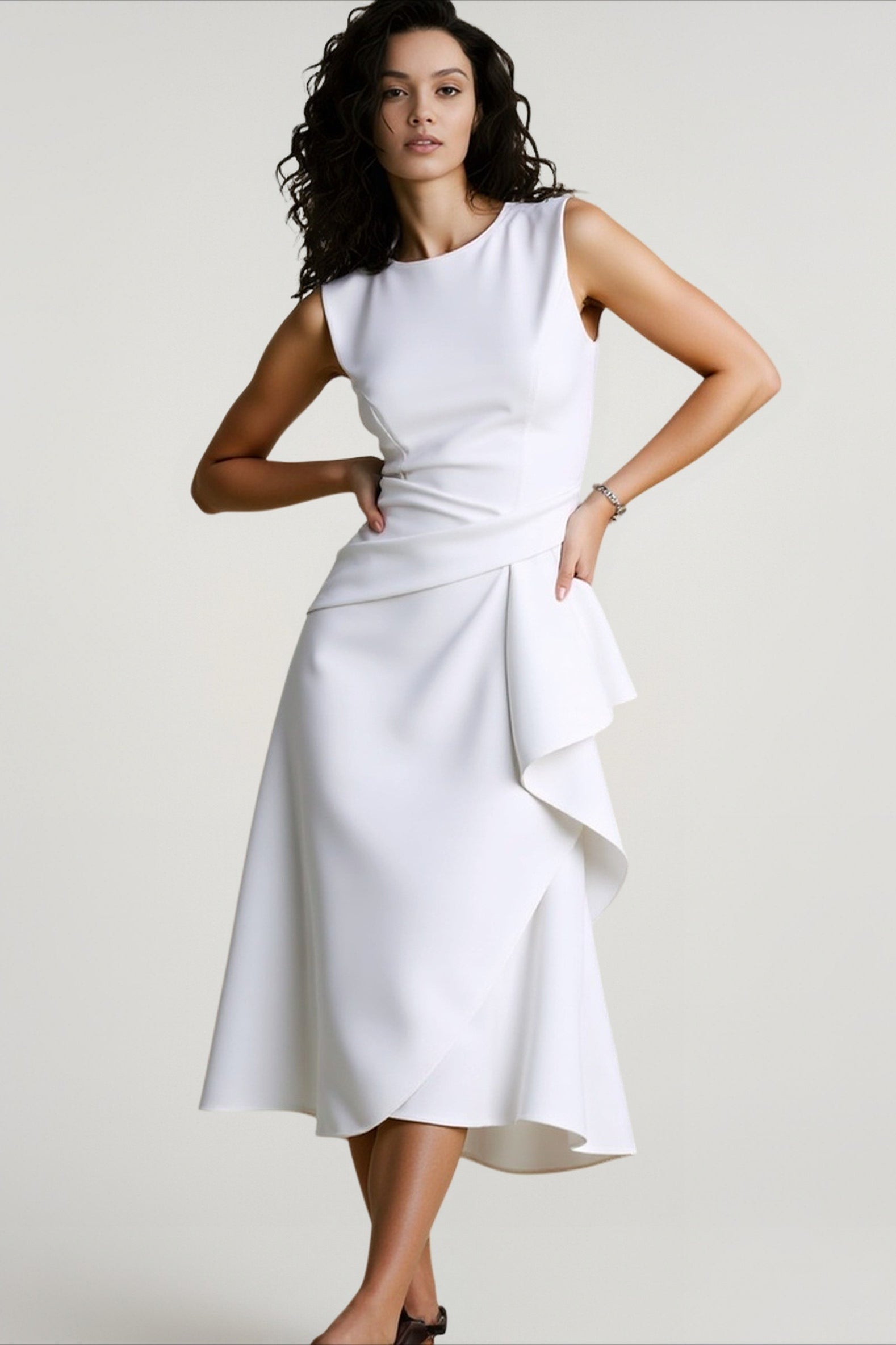 Solid Waisted Sleeveless Asymmetrical Long Work Dress