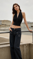 Loose V Neck Halter Solid Waist Button Backless Tank Top