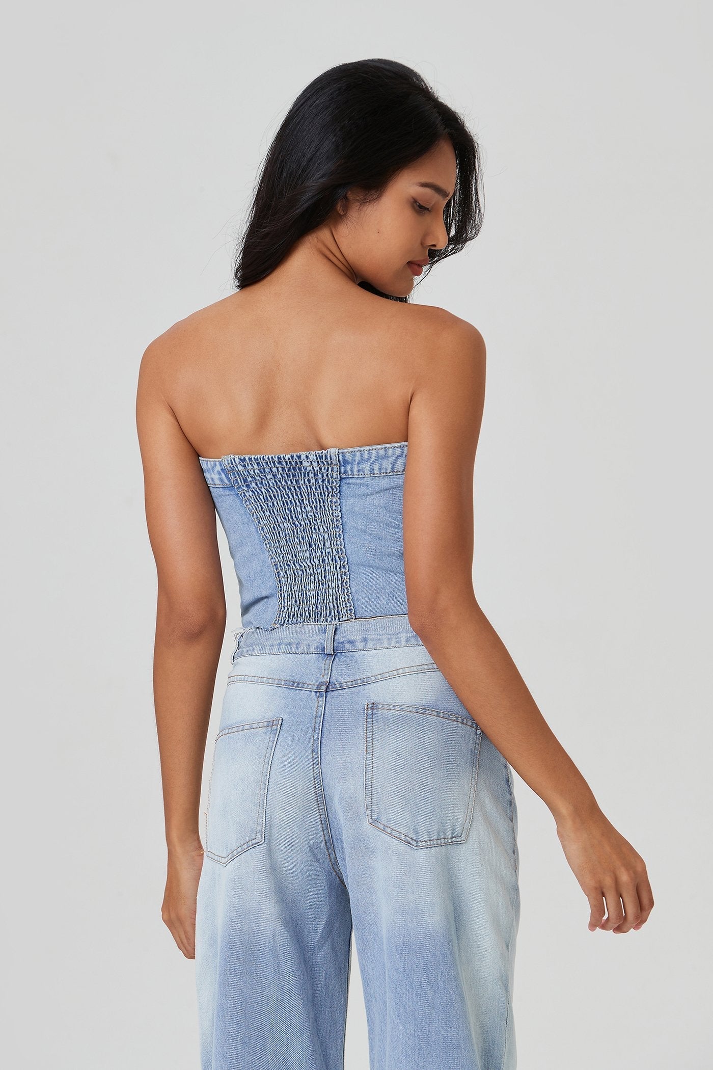 Off Shoulder Button Front Shirred Crop Top