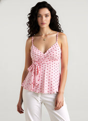 V Neck Waist Tie Wavy Hem Cami Top