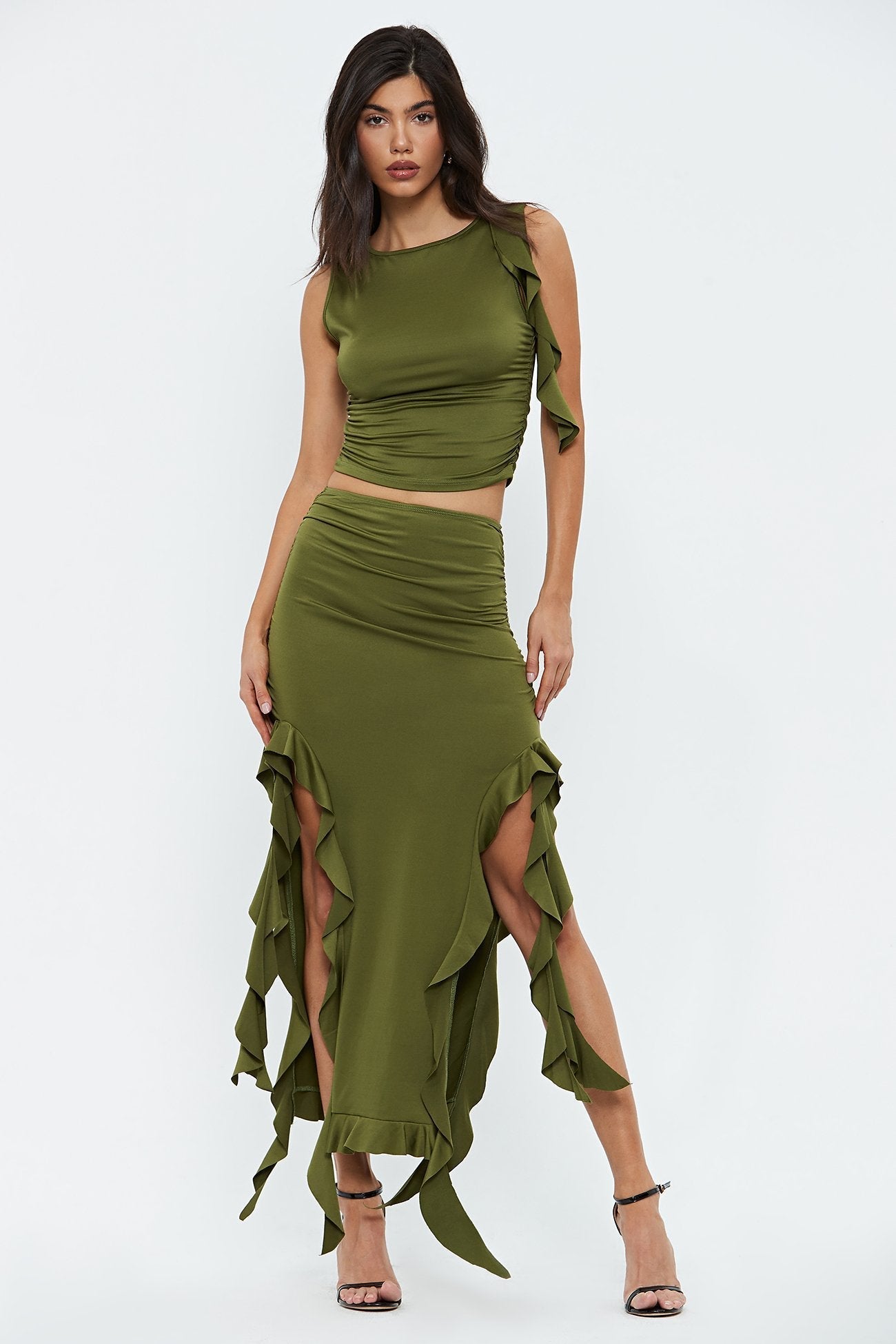 Ruffle Trim Sleeveless Crop Top & Split Hem Skirt Set