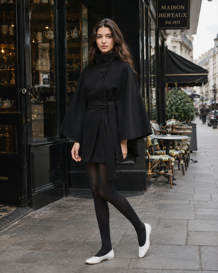 Button Up Stand Collar Cape Coat