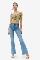 Floral Print Lace Up Asymmetrical Hem Crop Top
