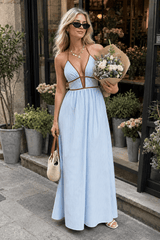 Deep V Neck Striped Backless Maxi Dress