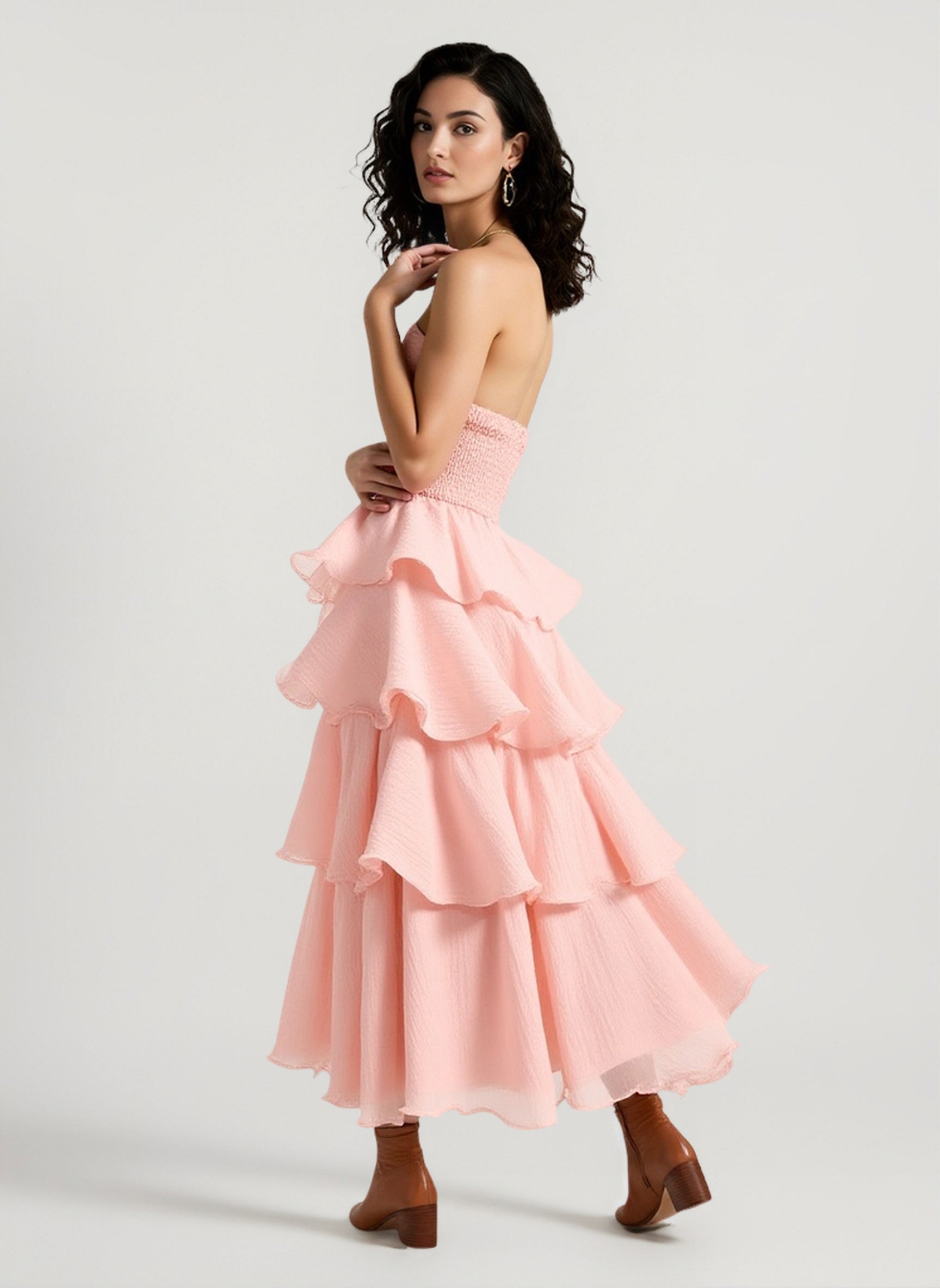 Fashion Strapless Backless Ruffle Tiered Midi Dress