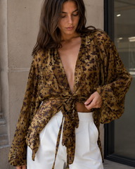 Y2K Leopard Front Tie Blouse