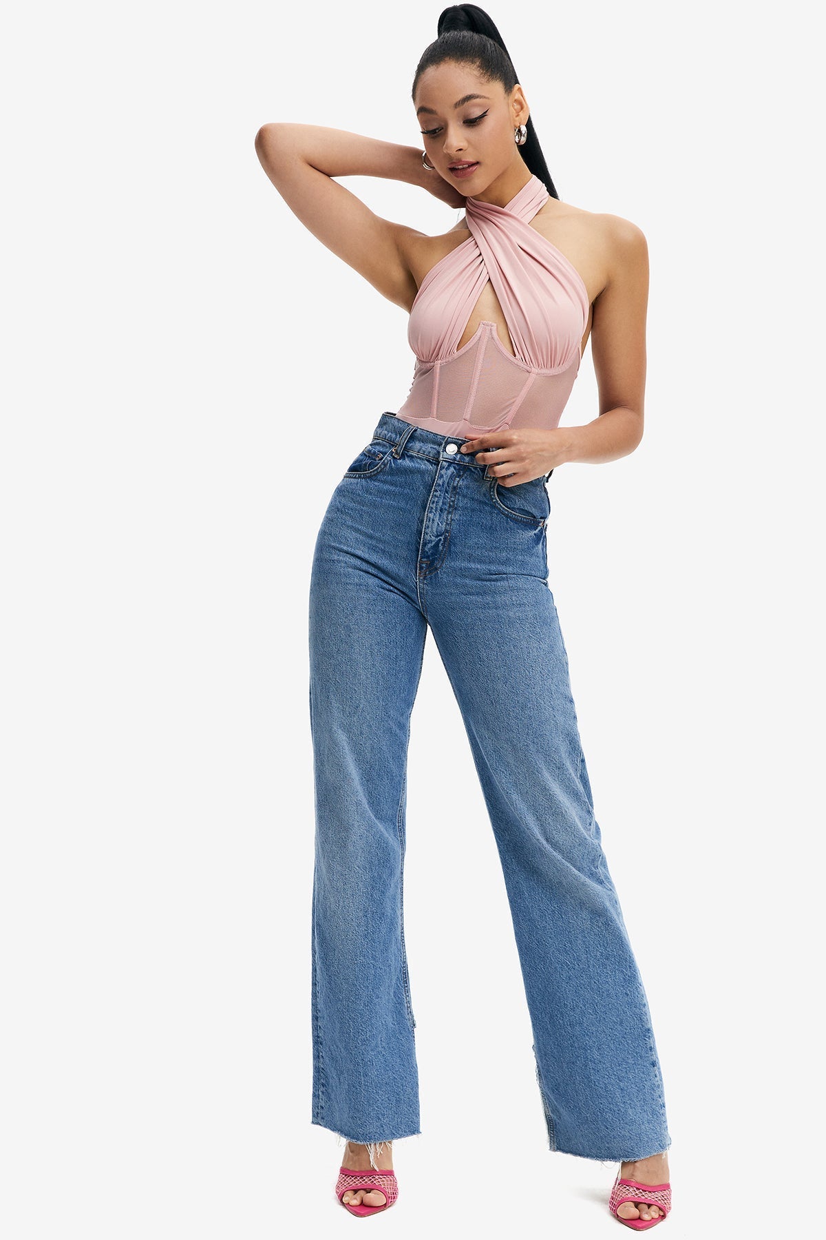 Crisscross Neck Mesh Splicing Boning Backless Bodysuit