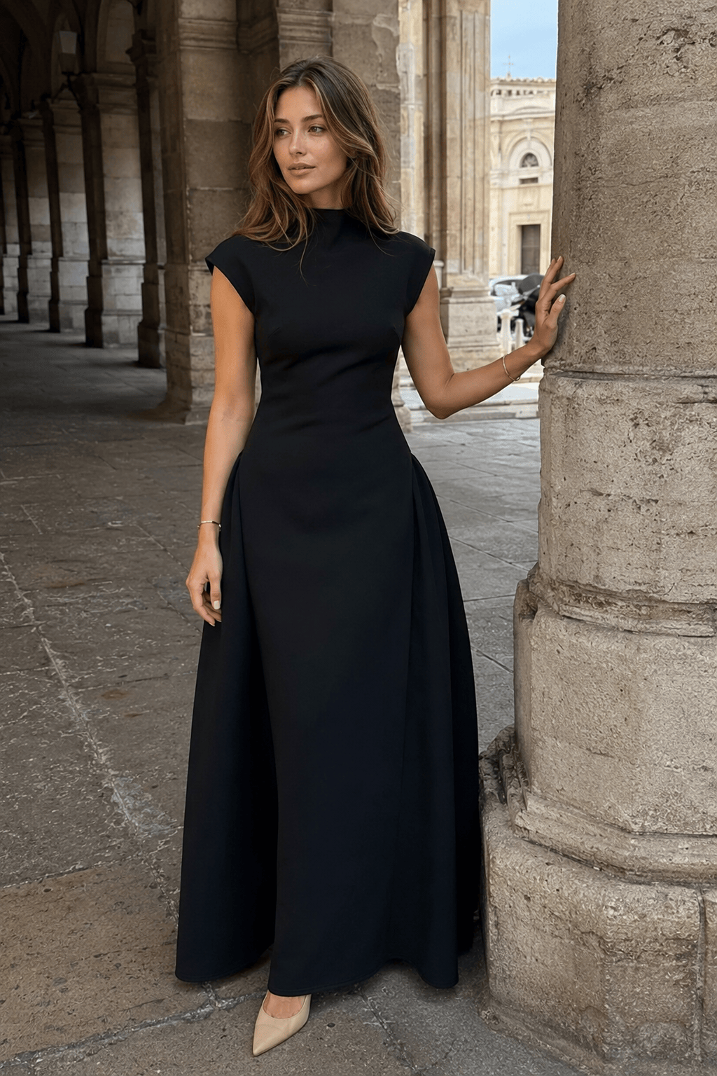 Solid Sleeveless Ruched Waist Elegant Dress