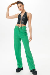 Lace Up Halter Neck PU Leather Crop Top