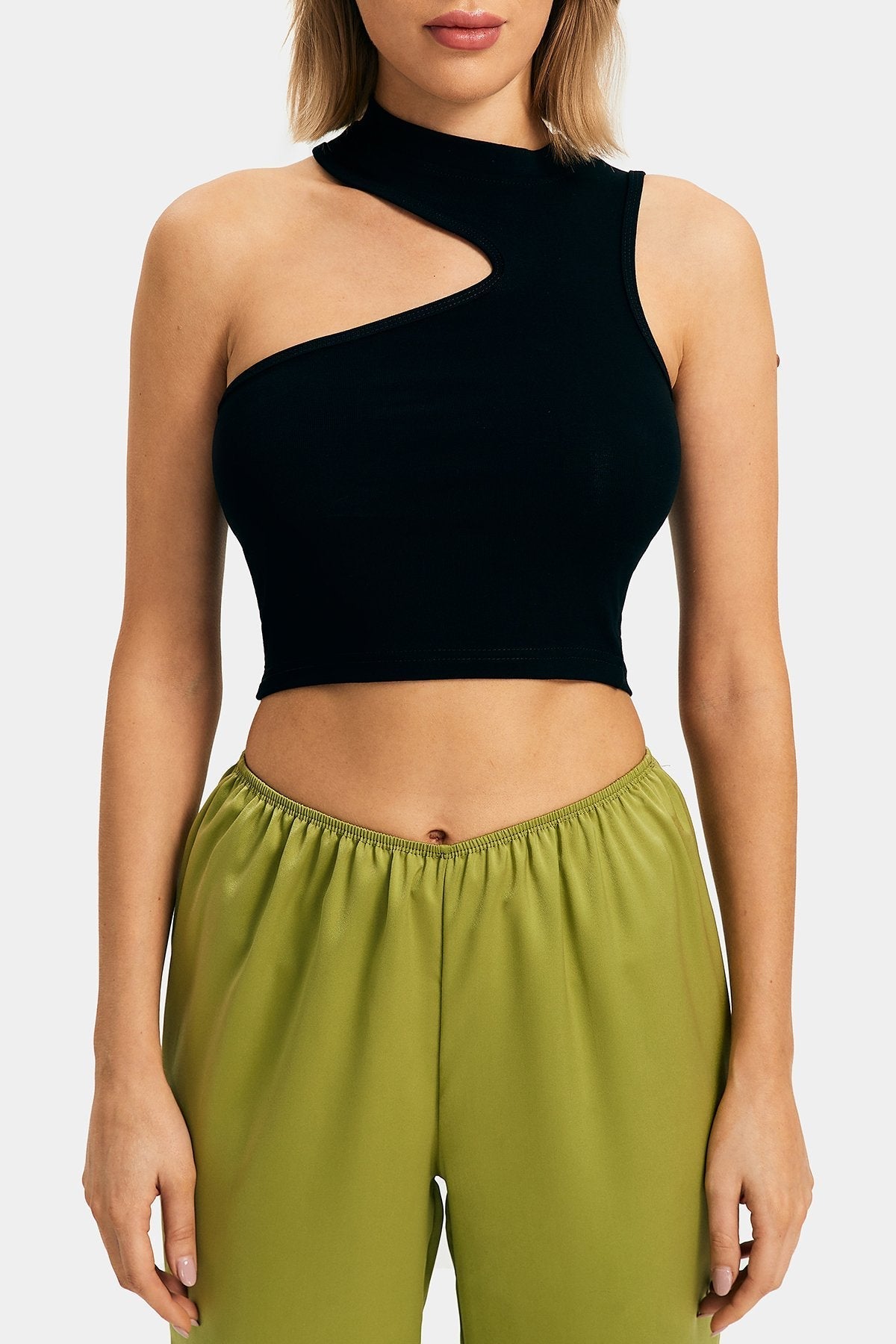 Asymmetrical Neck Solid Sleeveless Crop Top