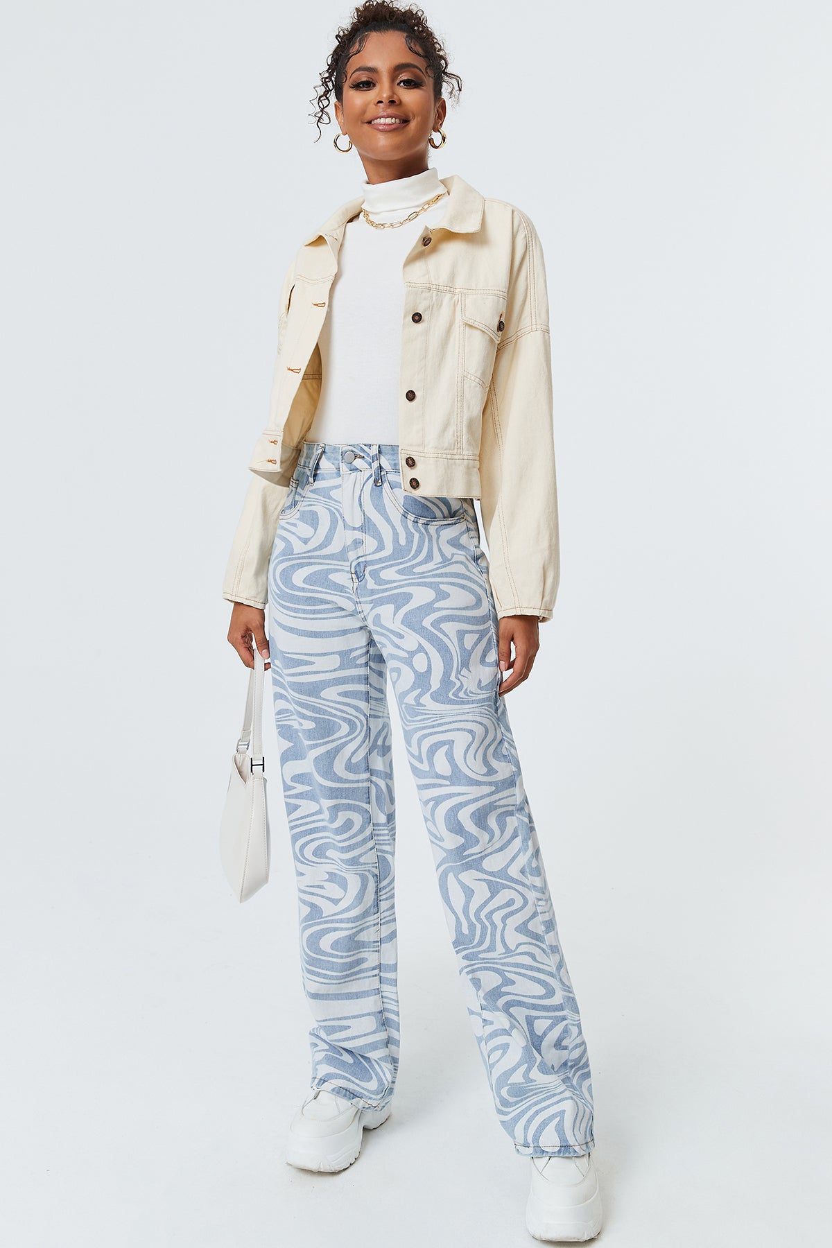 Wave Print High Waist Straight-leg Jeans