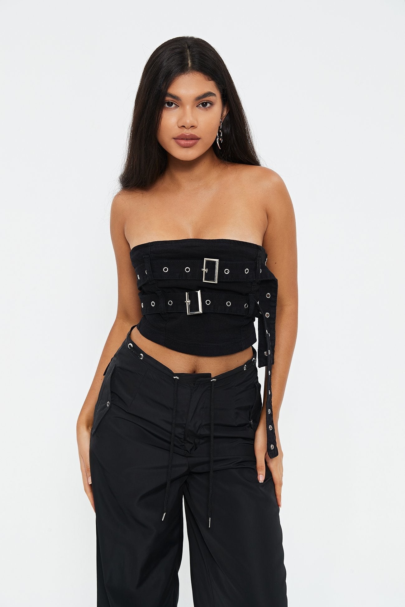 Off Shoulder Belt Decor Denim Crop Top