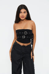 Off Shoulder Belt Decor Denim Crop Top