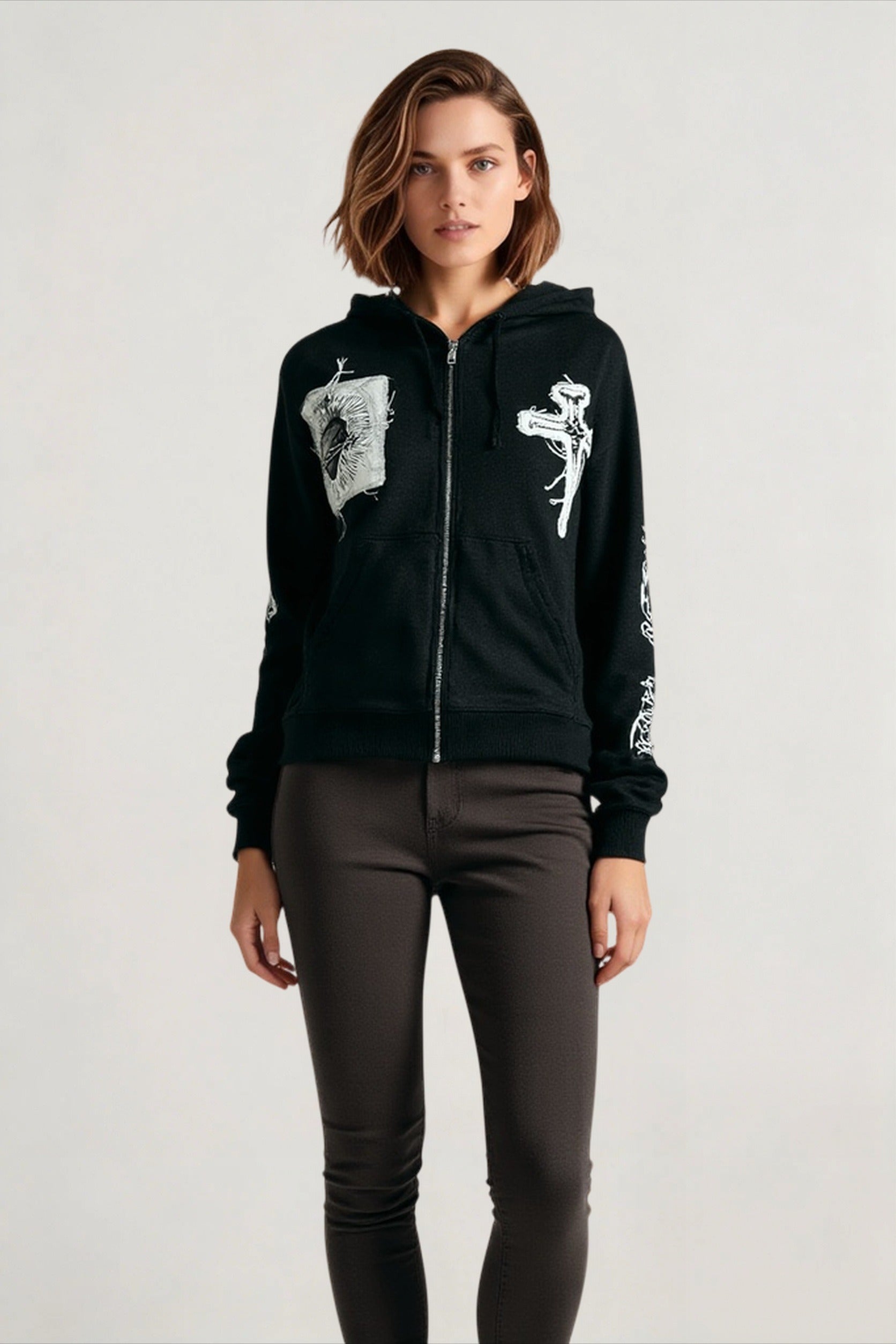 Embroidered Cross Zip Up Hoodie