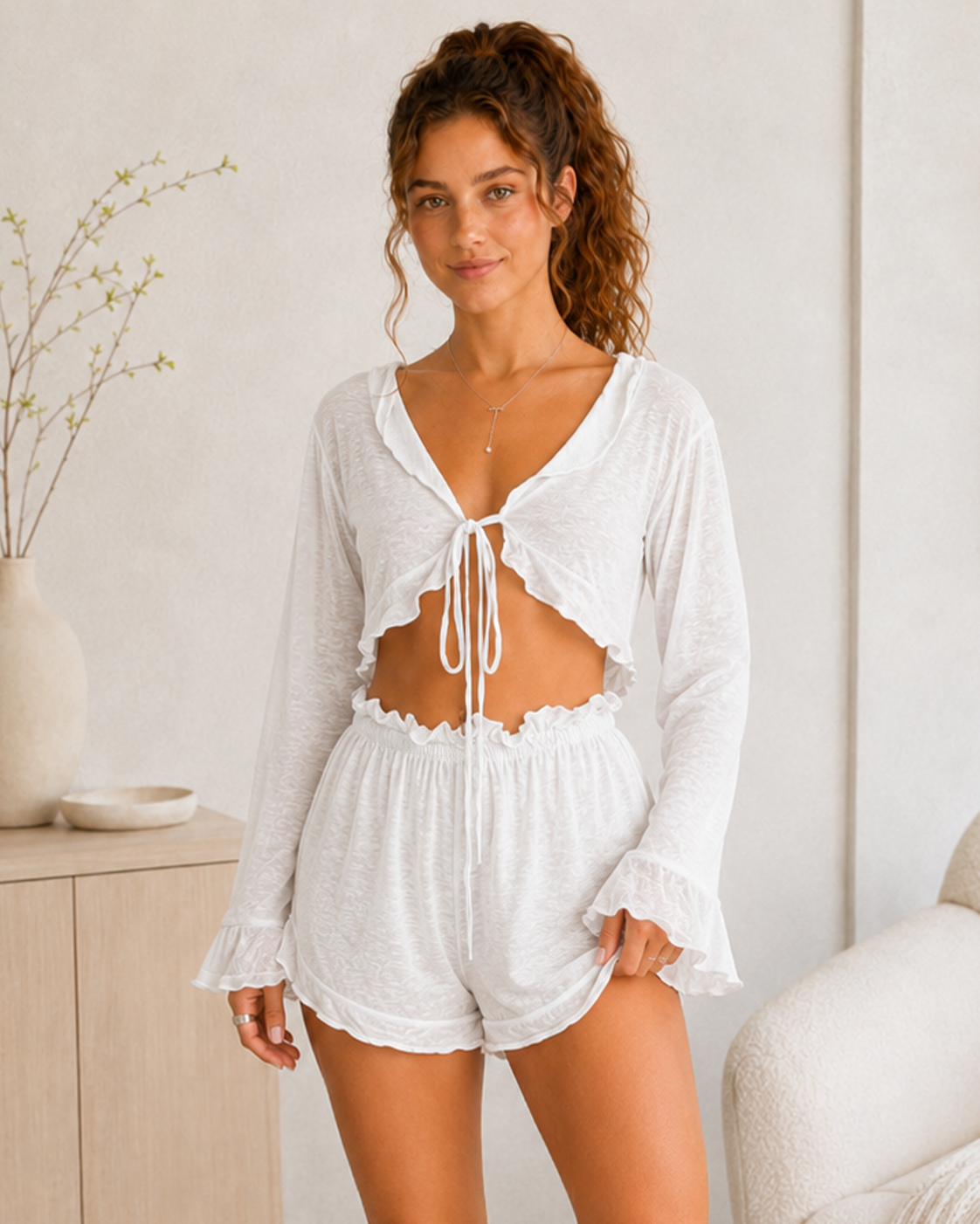 Sheer Knit Tie Front Cardigan Shorts Two Piece Set