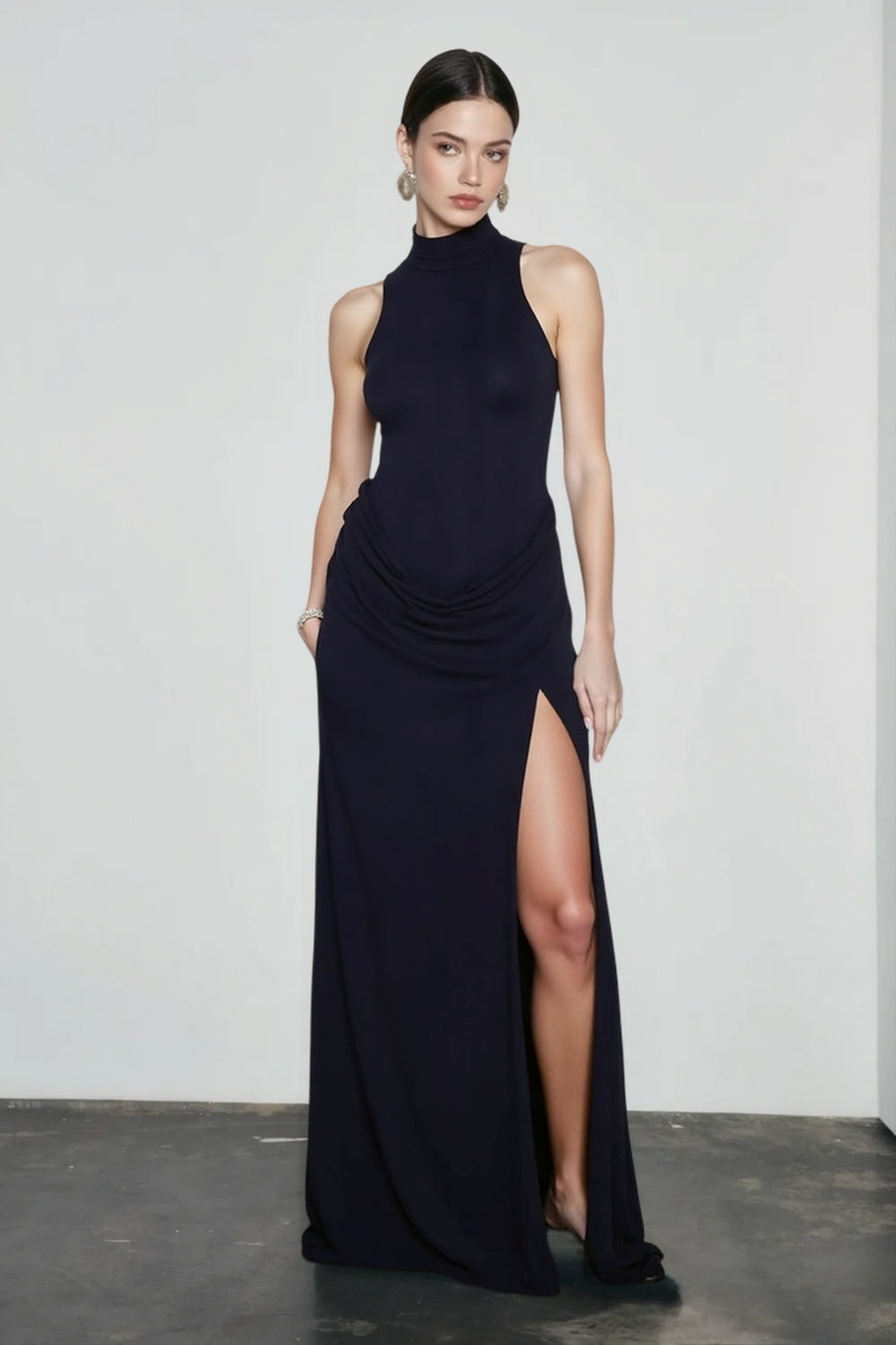 Slit Open Back Halter Ruched Maxi Vacation Dress