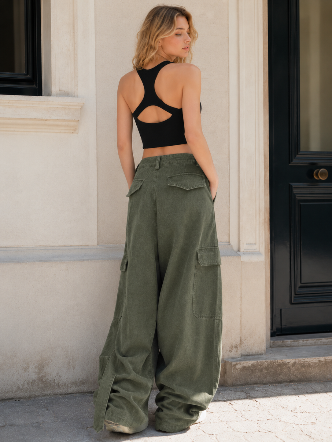 Army Green Parachute High Waist Loose Cargo Pants