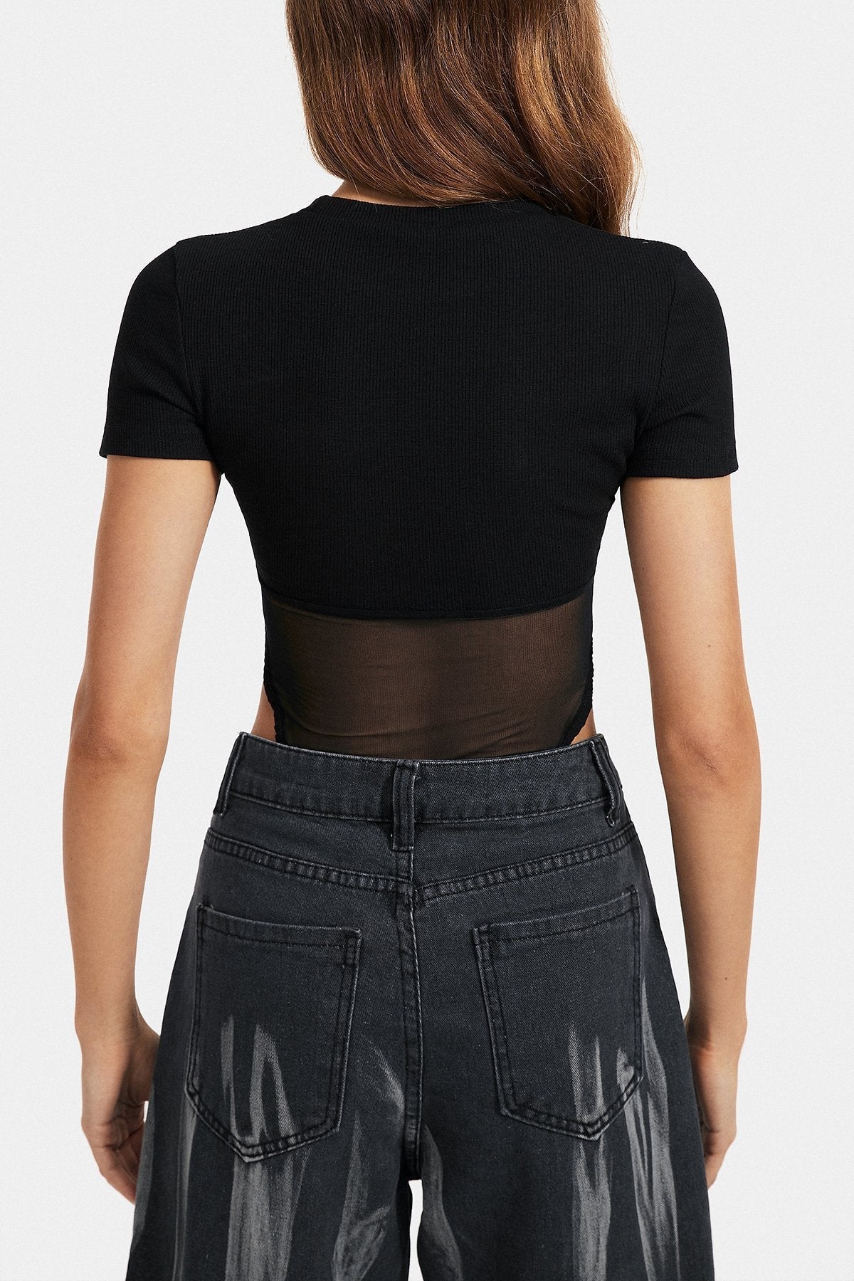Mesh Splicing Short Sleeve Solid Bodysuit