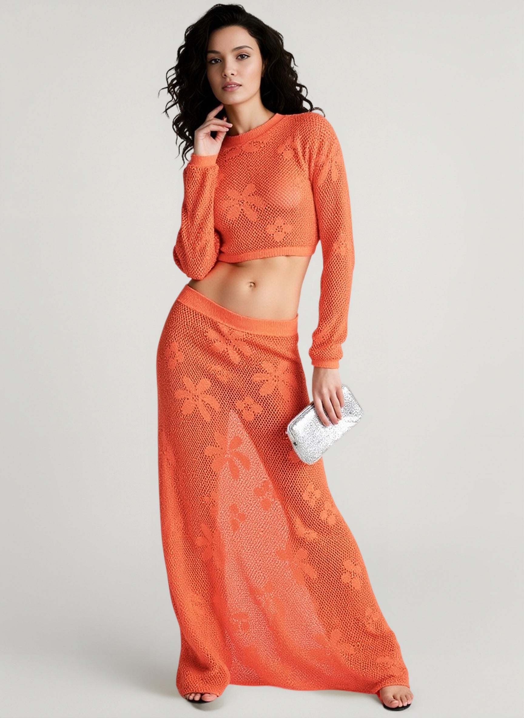 Knit Cutout Long Sleeve Crop Top Skirt Vacation Set