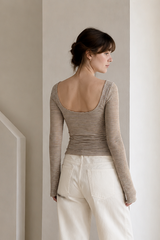 Basic Crew Neck Backless Striped Fitted Knit Blouse