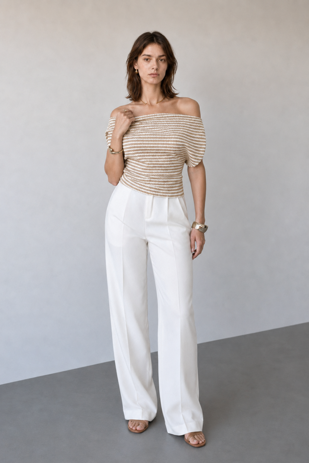 Chic Cold Shoulder Stripe Short Sleeve Knit Blouse