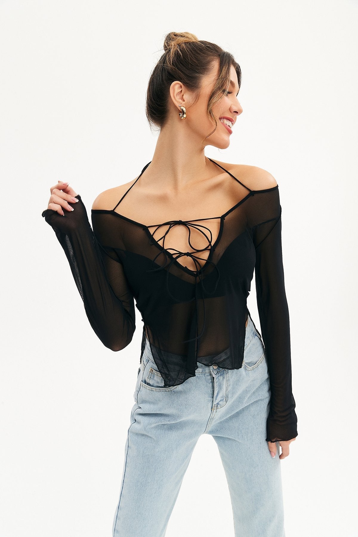 Mesh Lace Up Split Hem Crop Top