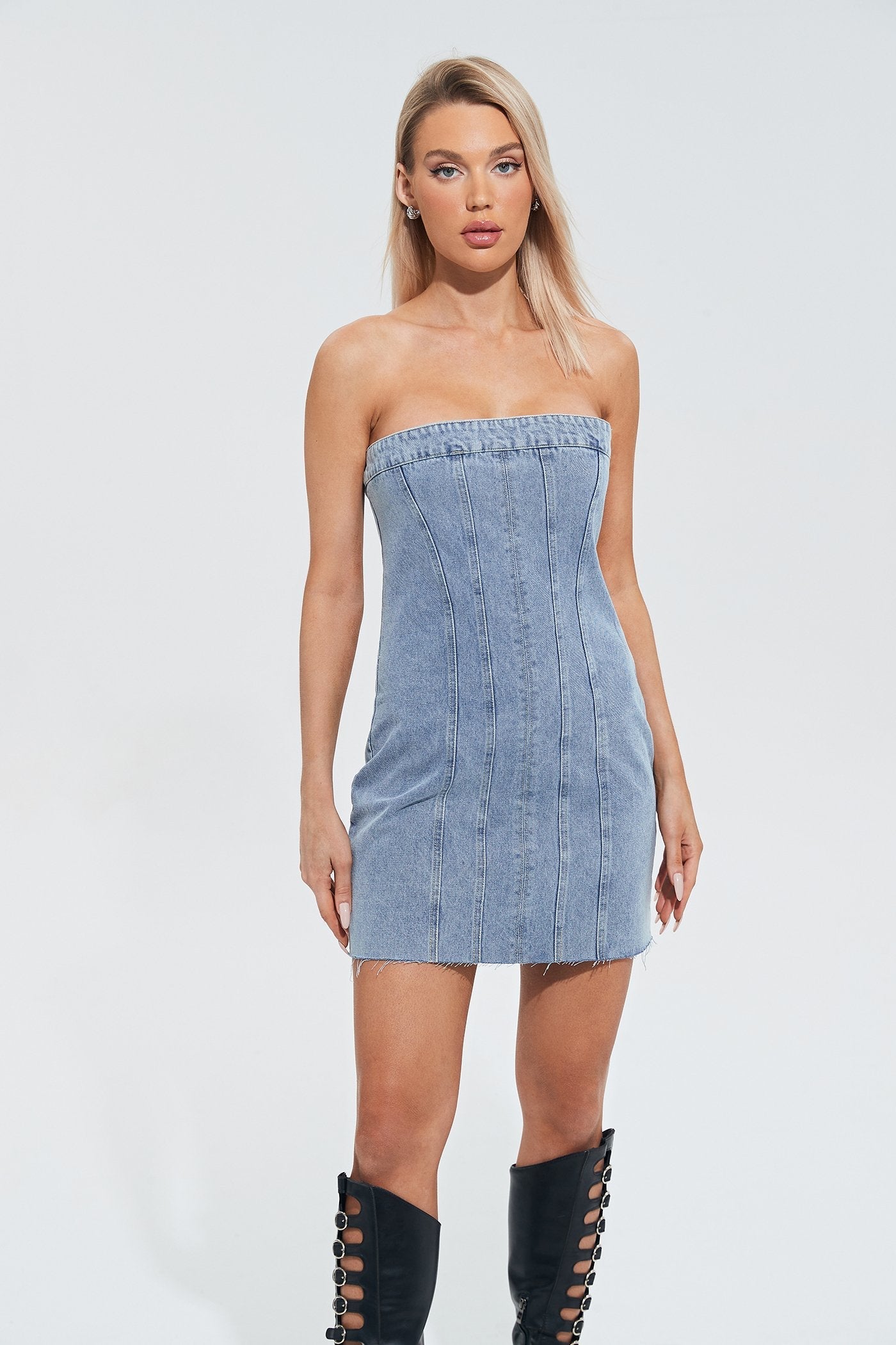 Off Shoulder Raw Hem Cinched Waist Denim Dress