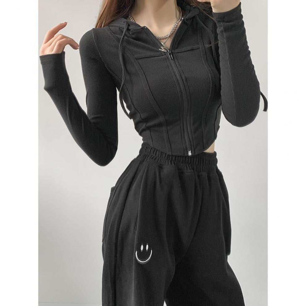 Rib Knit Hooded Zipper Long Sleeve Top