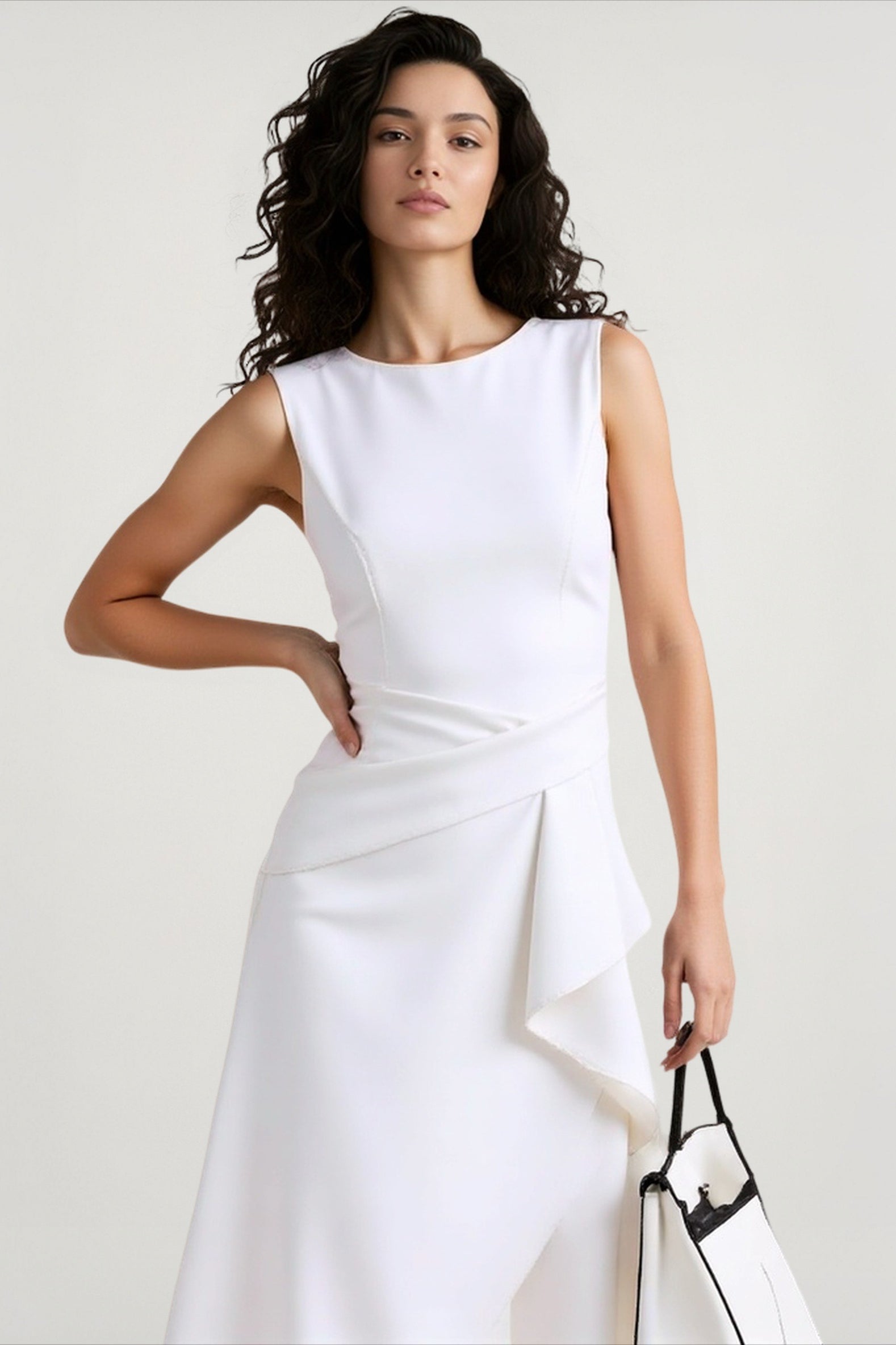 Solid Waisted Sleeveless Asymmetrical Long Work Dress