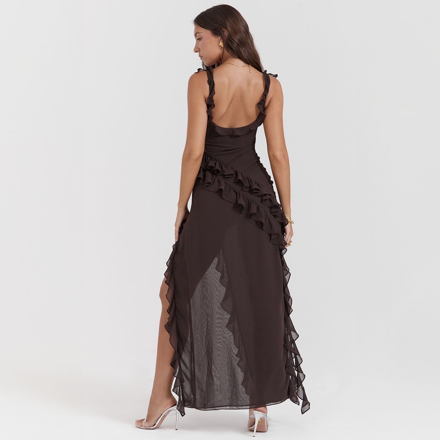 Asymmetric Multi Strap Ruffle Detail Maxi Dress