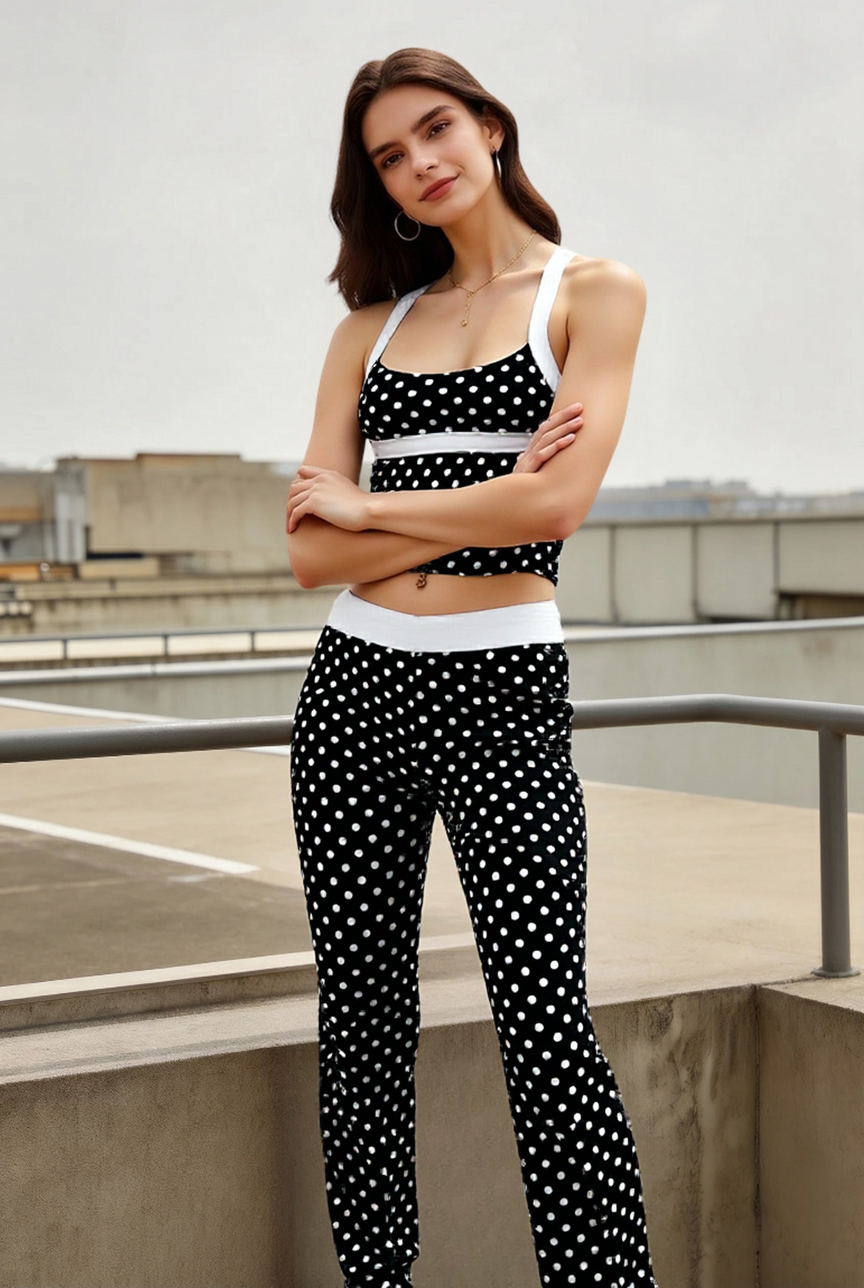 Contrast Polka Dot Sexy Tank Pants Two Piece Set