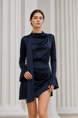 Matte Satin Ruffle Sleeve Stand Collar Mini Dress