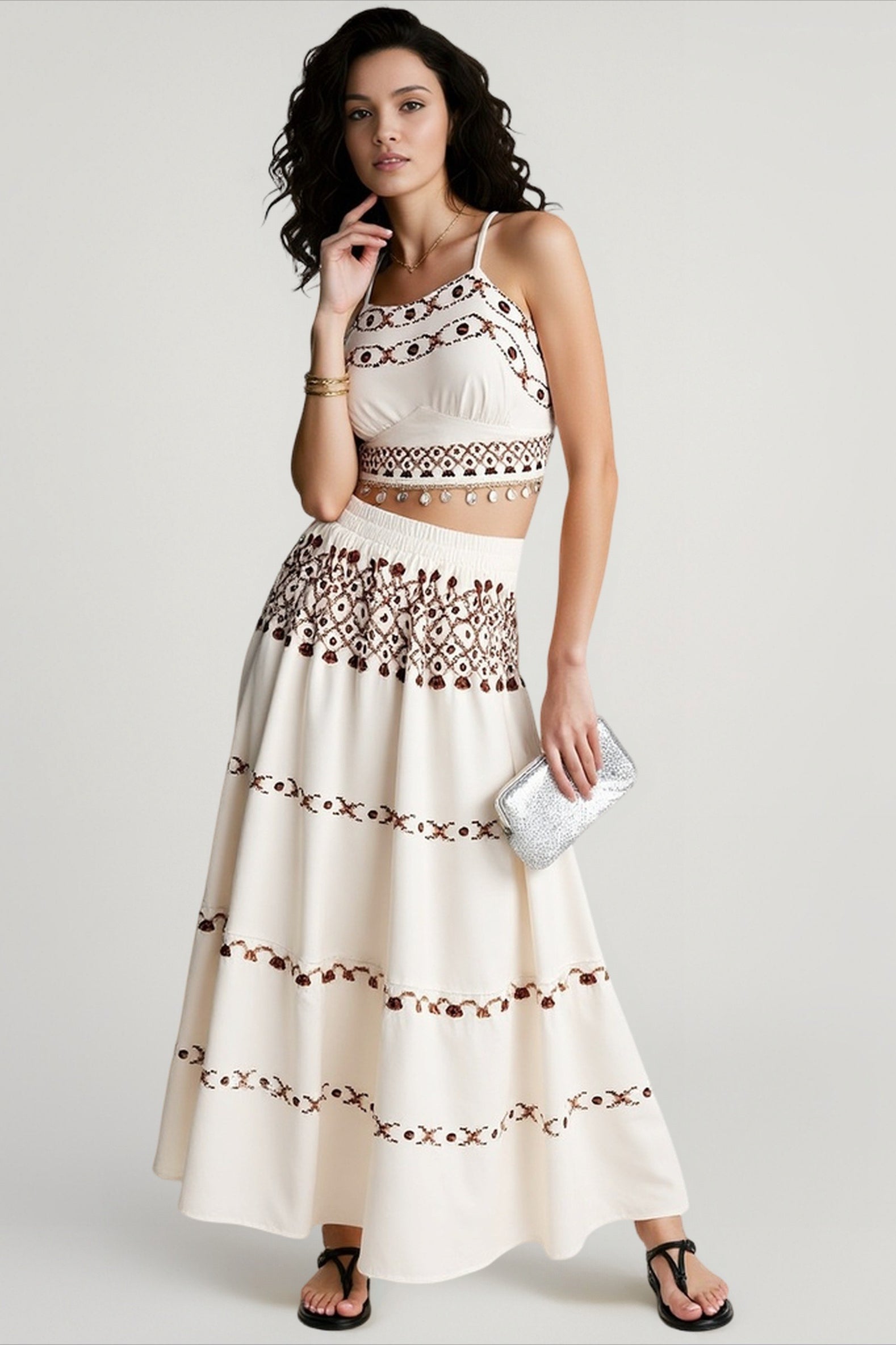 Bohemian vacation positioning printed beach women's suit, fringed webbing suspender top skirt two-piece set