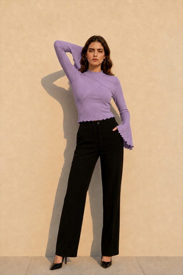 Solid Mock Neck Paneled Ruffled Long Sleeve Tee