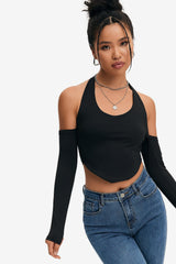Cold Shoulder Backless Curved Hem Crop Top