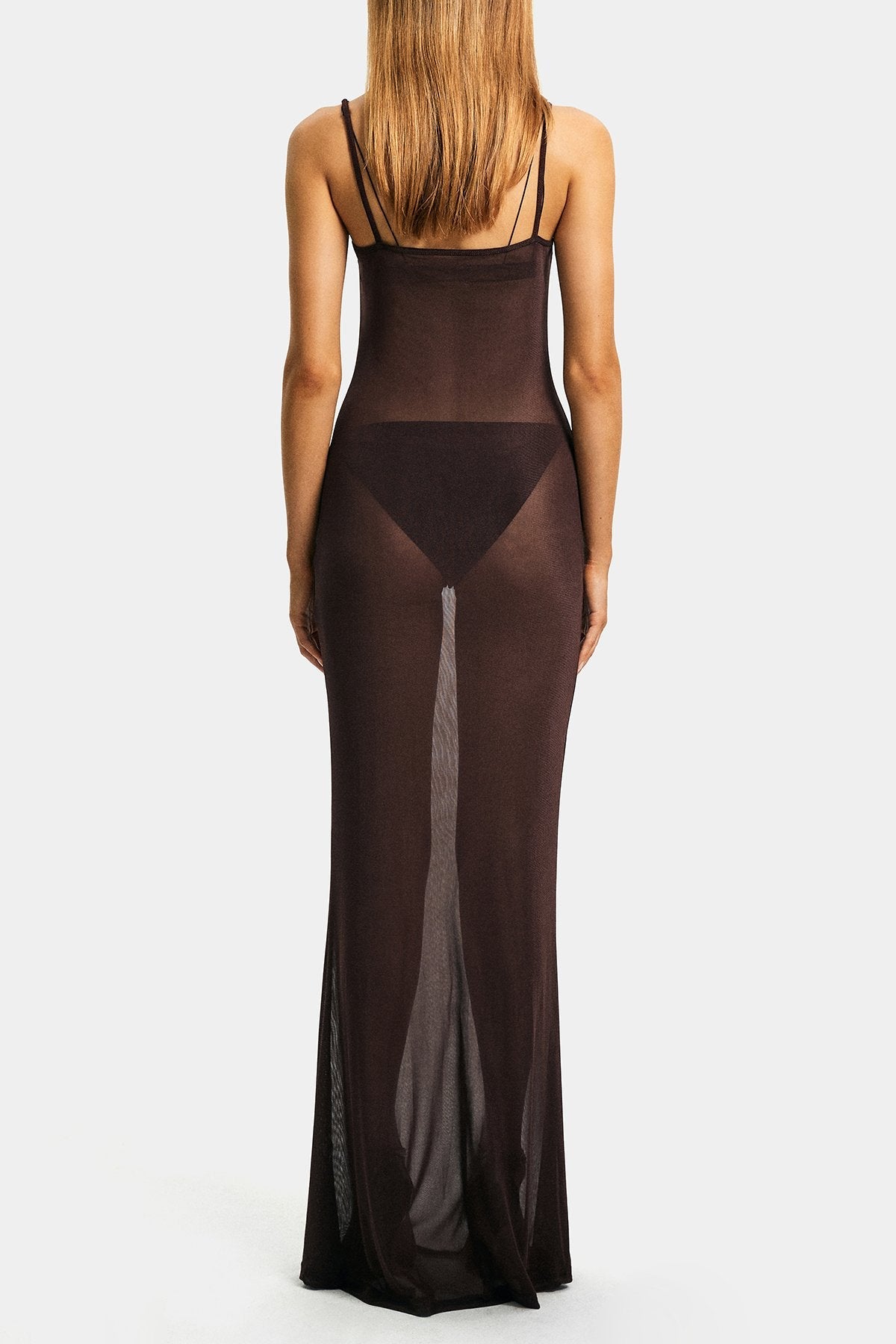U Neck Mesh Solid Cami Maxi Dress Without Underwear
