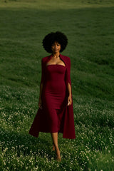 Cape Long Sleeve Back Slit Midi Dress