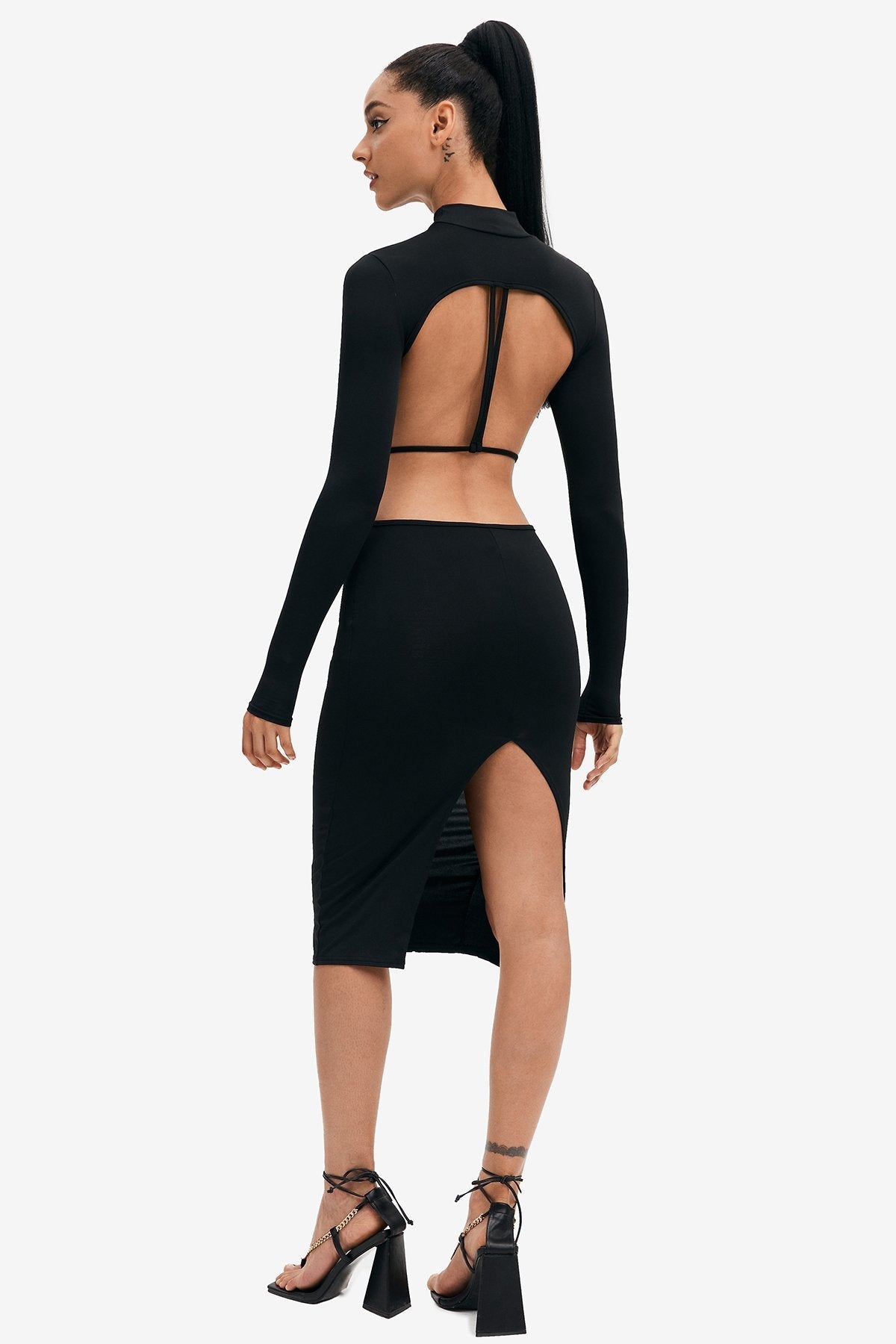 Mock Neck Open Back Split Hem Long Sleeve Midi Dress