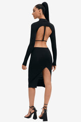 Mock Neck Open Back Split Hem Long Sleeve Midi Dress